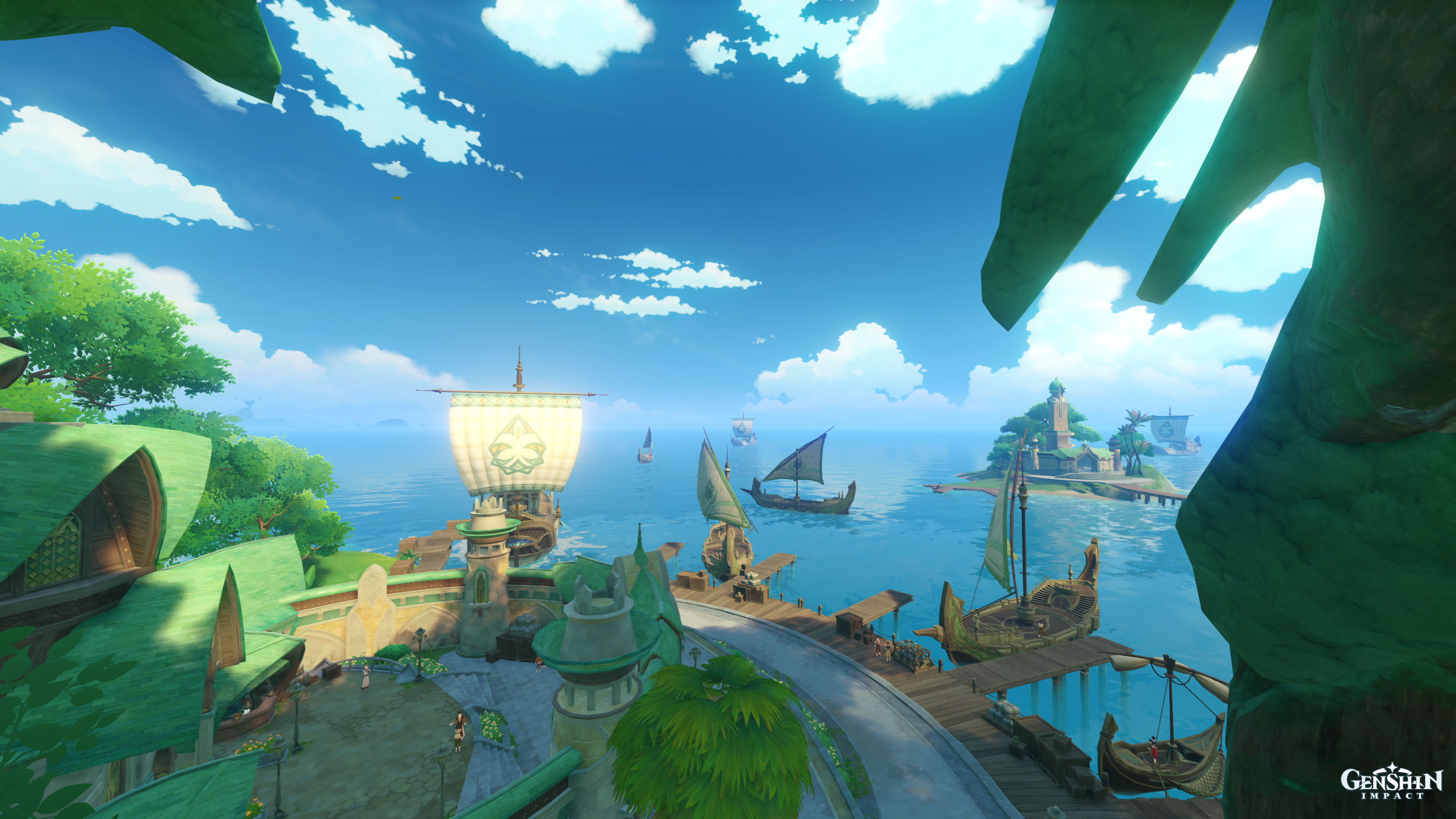 View from verdant green trees out onto crystal clear blue seas in the port of Sumeru, sailing ships are docked at the quayside