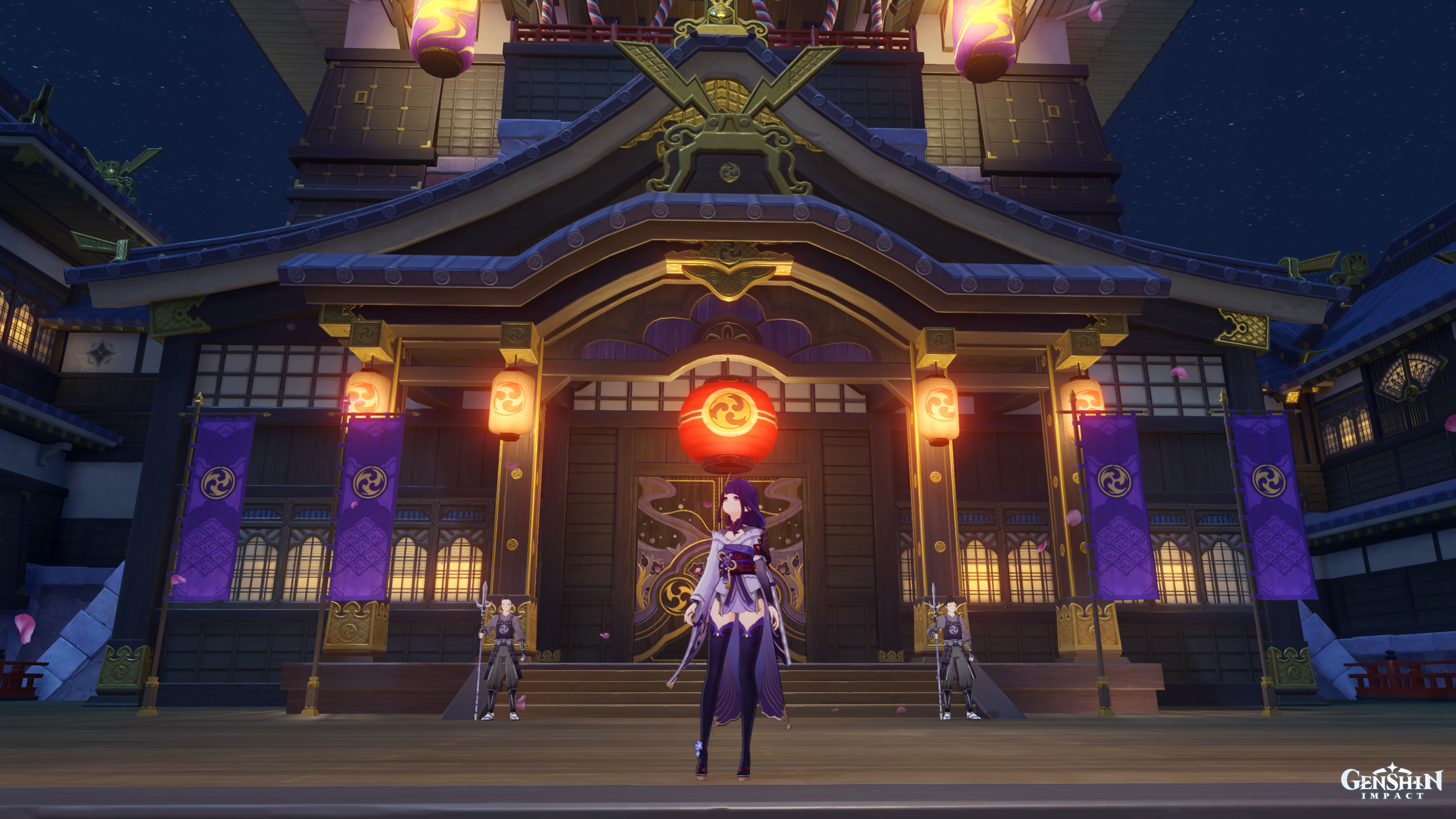 Raiden Shogun (Genshin character) stood outside a large Japanese-style castle entrance (Tenshukaku) at night